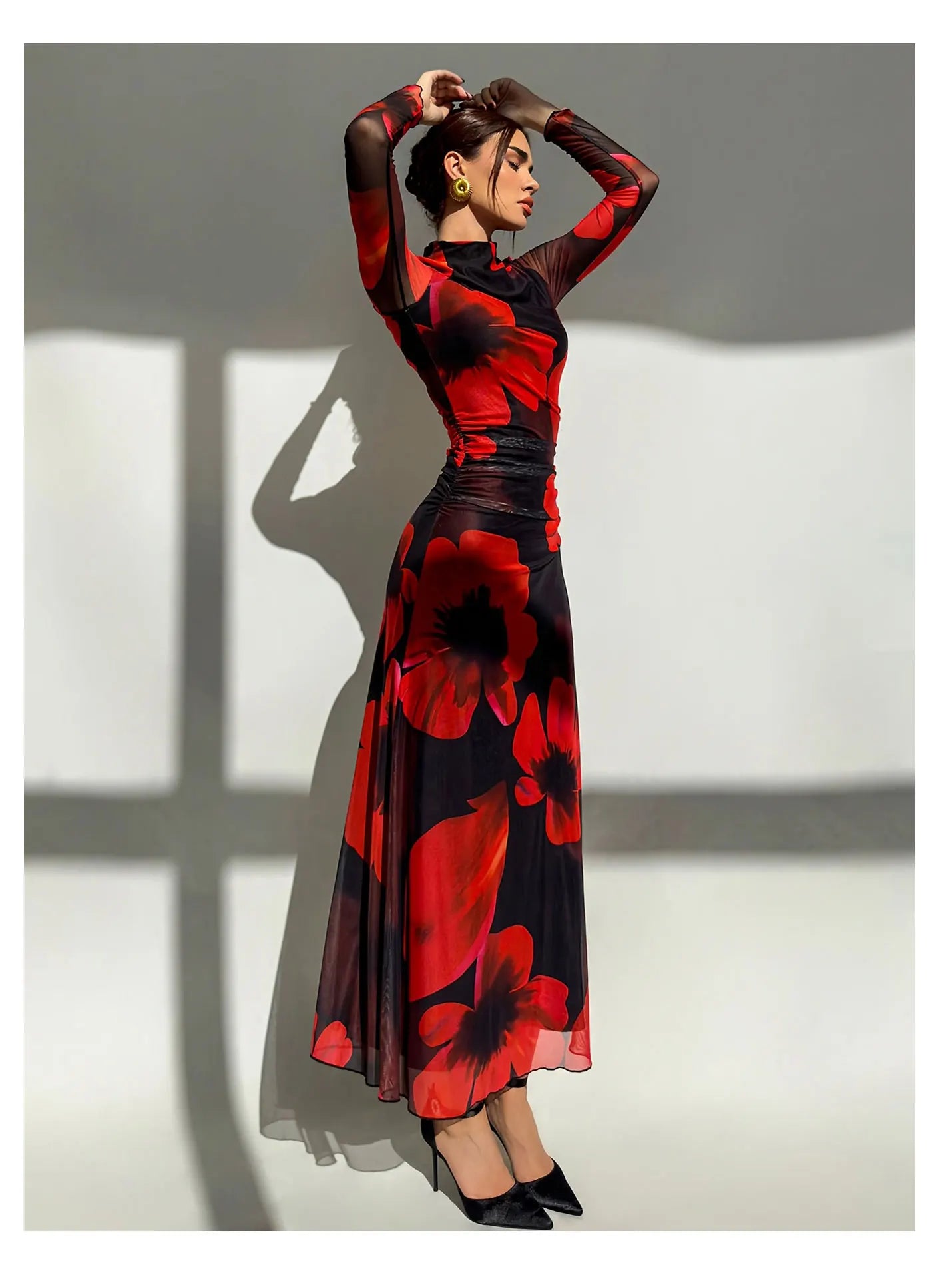Elegant Dress Flower Print Women's Streetwear Fashion o-Neck Skinny Sexy Lady Dresses 2025 Summer New