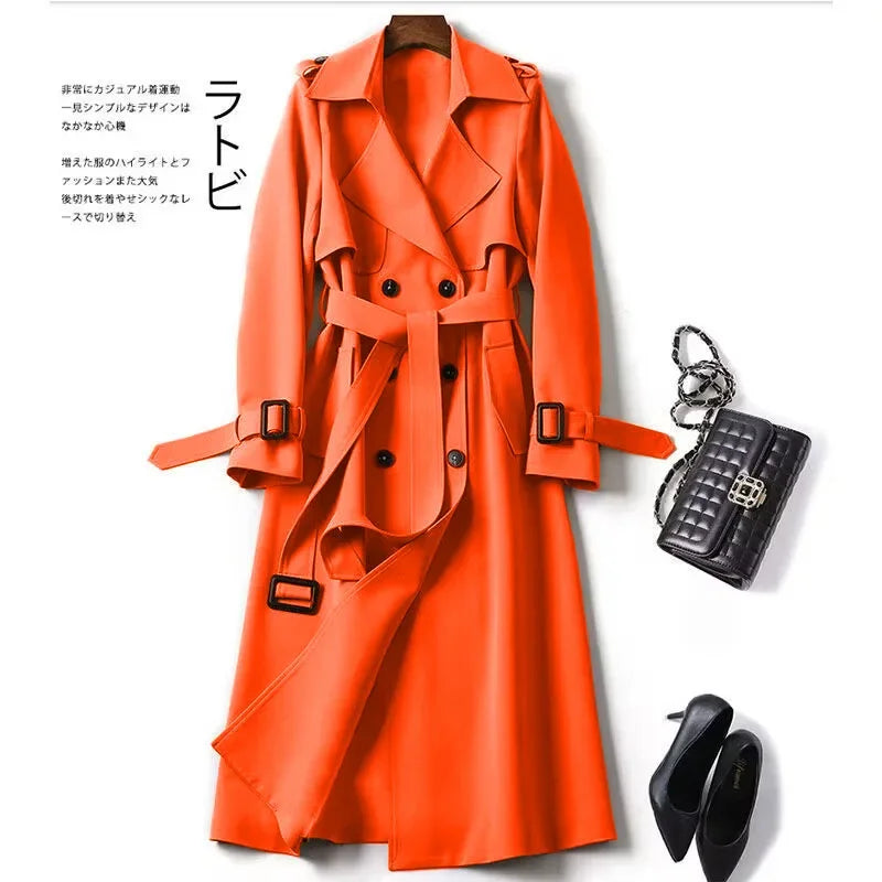 Elegant Women Fashion British Jackets Autumn Winter Widebreaker Streetwear Midi Coats Casual Office Lady Button Slim Chic Coat