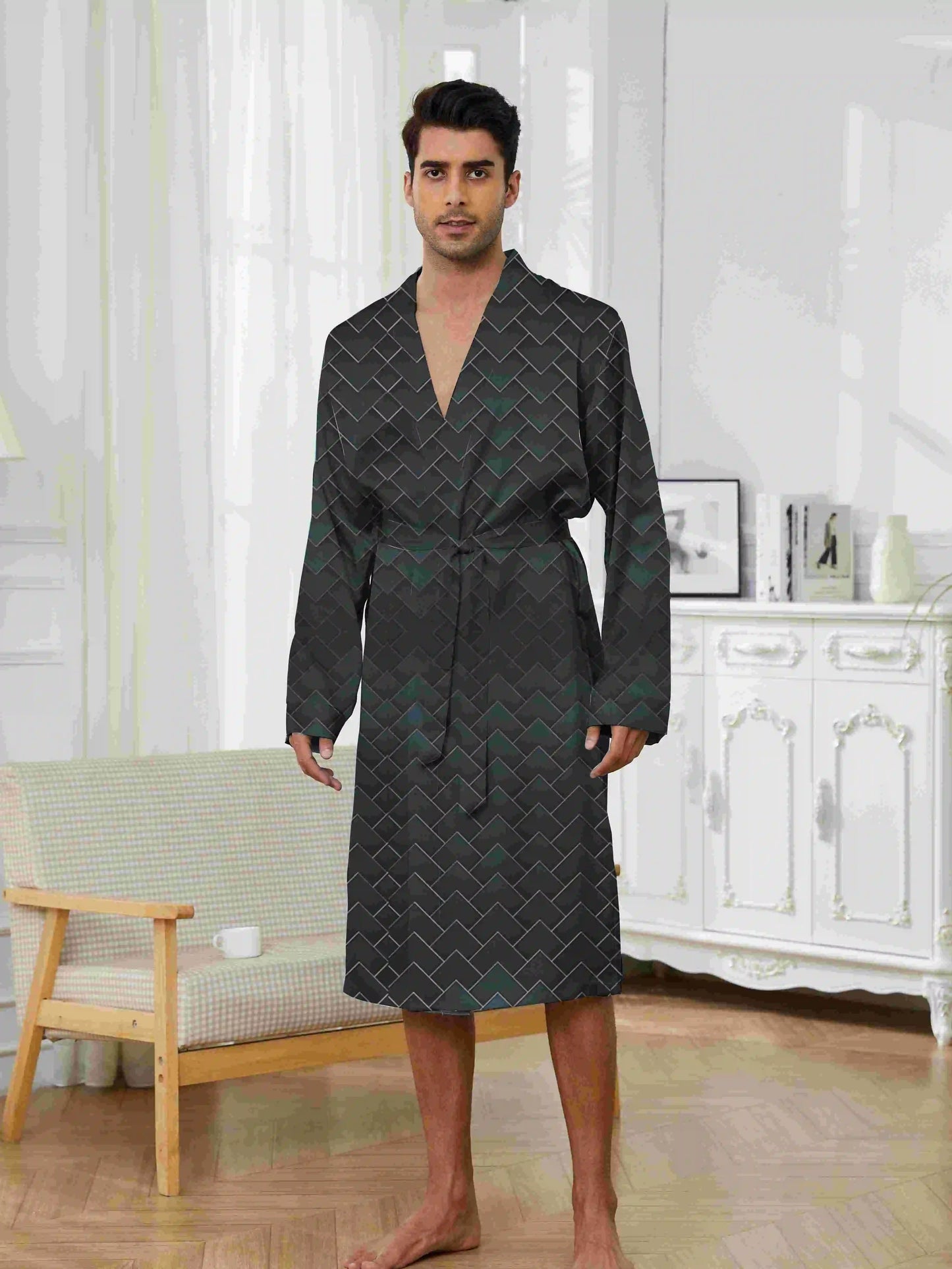2025 Men's Sleeping Robe Ice Silk Thin Style High End Simple Sleepwear Summer Medium Long Sleeve Bathrobe