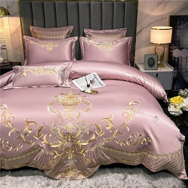 Egyptian Cotton Bedding Set Golden Embroidery Home Textiles Super Soft Bed Duvet Sheet Set King Queen Size Chic Stitch Linen