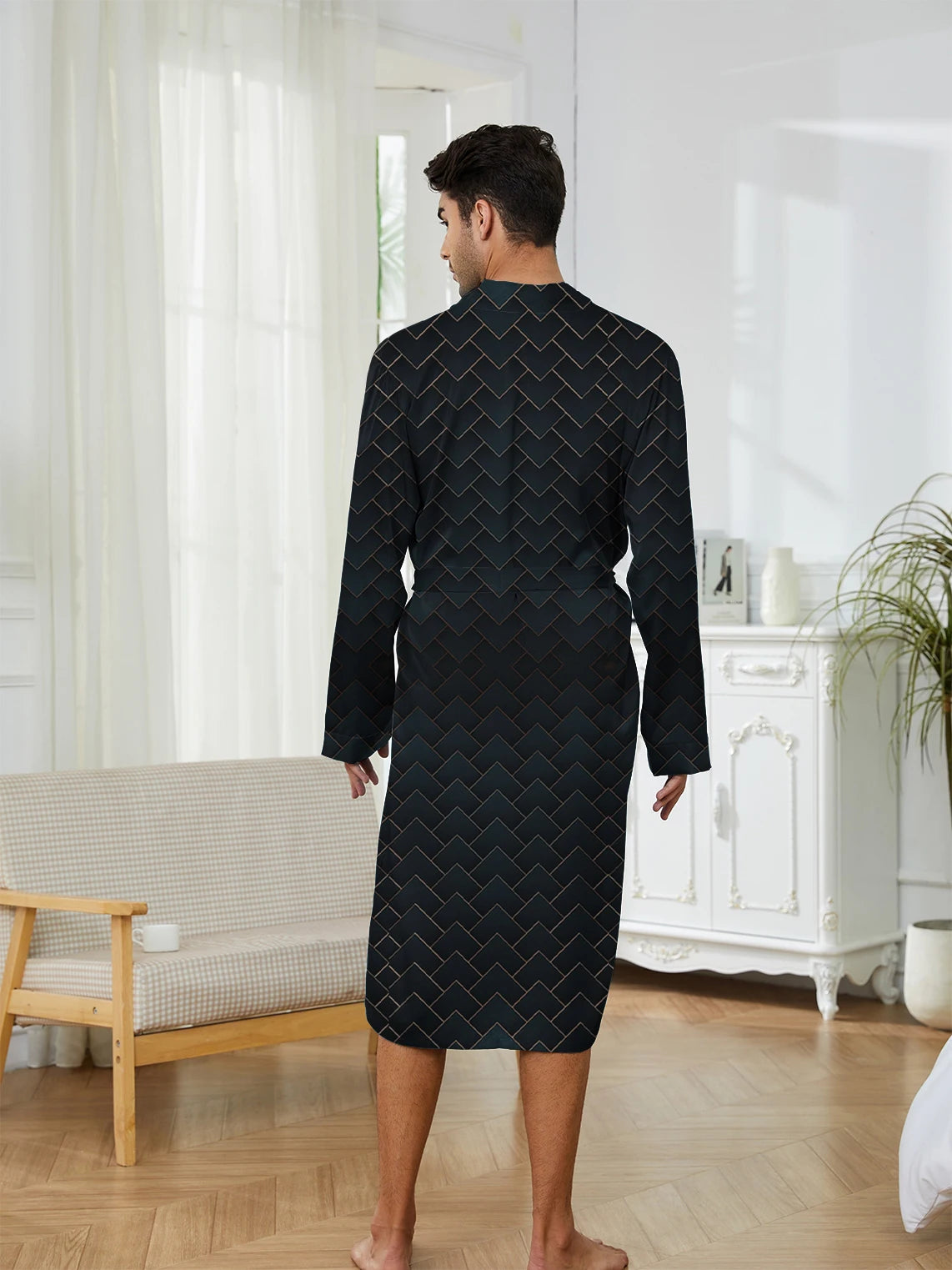 2025 Men's Sleeping Robe Ice Silk Thin Style High End Simple Sleepwear Summer Medium Long Sleeve Bathrobe