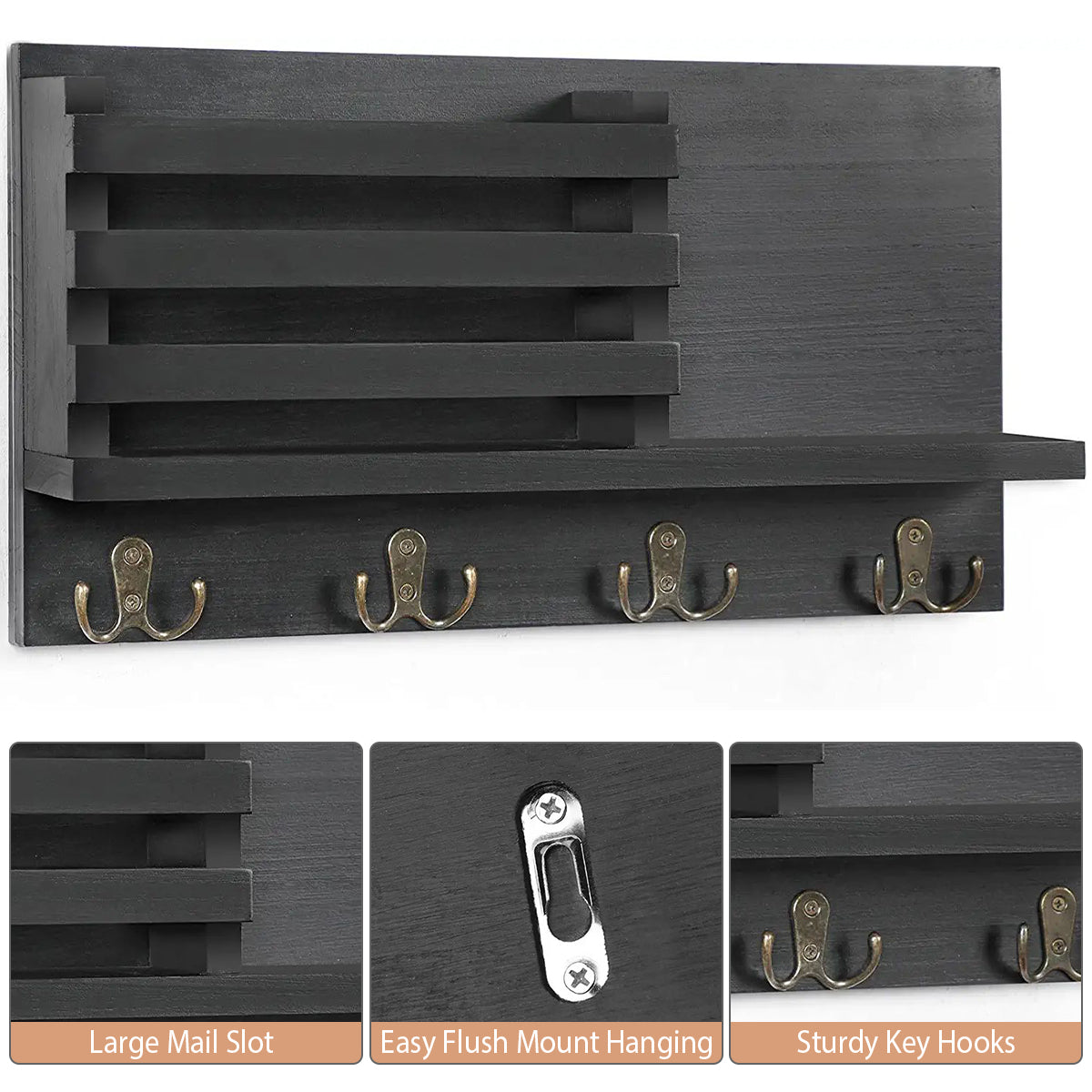 Key Holder for Wall with Shelf Rustic Mail Organizer Wall Mount Wooden Entryway Hanging Mail Organizer Home Storage Holder Racks
