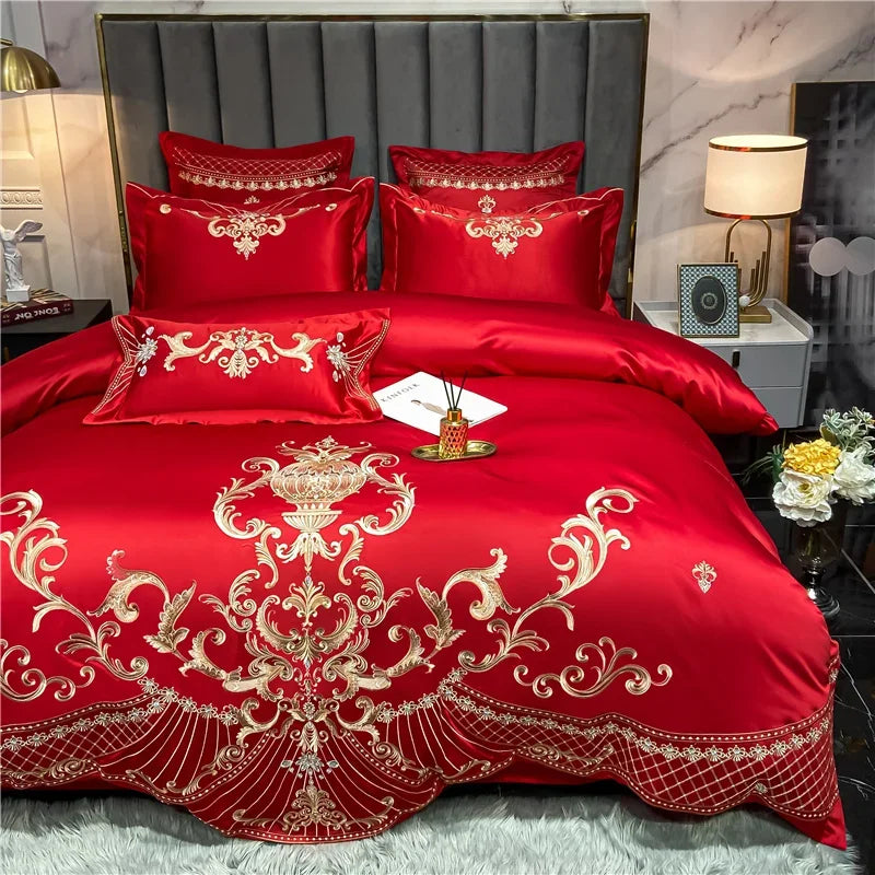 Egyptian Cotton Bedding Set Golden Embroidery Home Textiles Super Soft Bed Duvet Sheet Set King Queen Size Chic Stitch Linen
