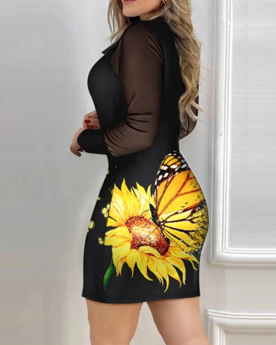 Elegant Dress For Women Fall Mesh Long Sleeve Turn-down Collar Printed Dress