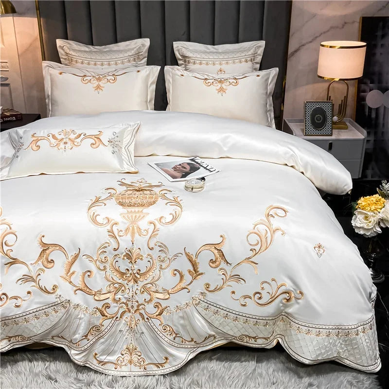 Egyptian Cotton Bedding Set Golden Embroidery Home Textiles Super Soft Bed Duvet Sheet Set King Queen Size Chic Stitch Linen