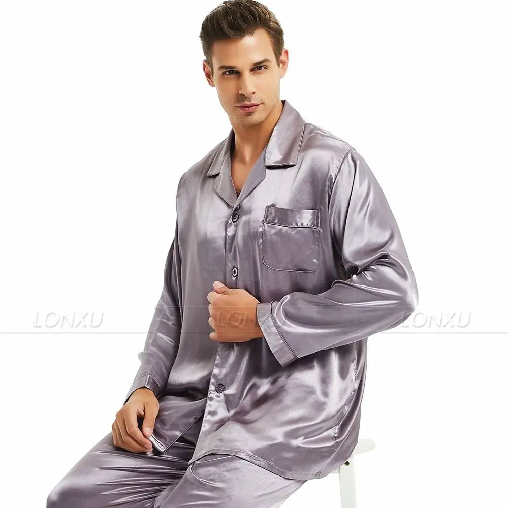 Mens Silk Satin Pajamas Set Pajama Pyjamas Set PJS Set Sleepwear Loungewear S,M,L,XL,2XL,3XL,4XL__Perfect Gifts
