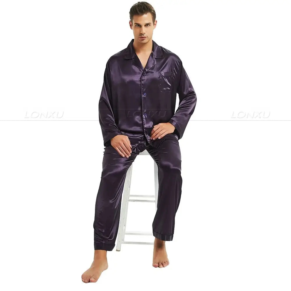 Mens Silk Satin Pajamas Set Pajama Pyjamas Set PJS Set Sleepwear Loungewear S,M,L,XL,2XL,3XL,4XL__Perfect Gifts