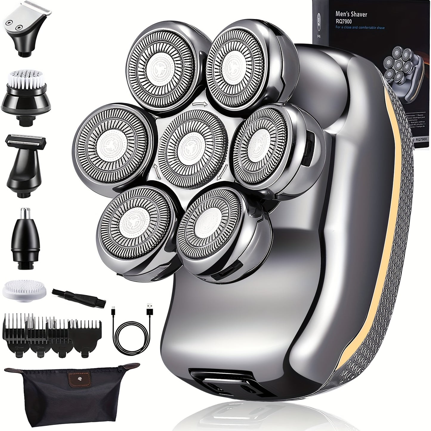 Men'S Electric Head Shaver Razor - Rechargeable Cordless Hair Shaving Razors for Bald Man 6 in 1 Wet Dry Beard Trimmer Body Hair Cutting Clipper Grooming Kit 7 Rotary Heads (Gray) - Power Supply: USB Charging (built-in Batter