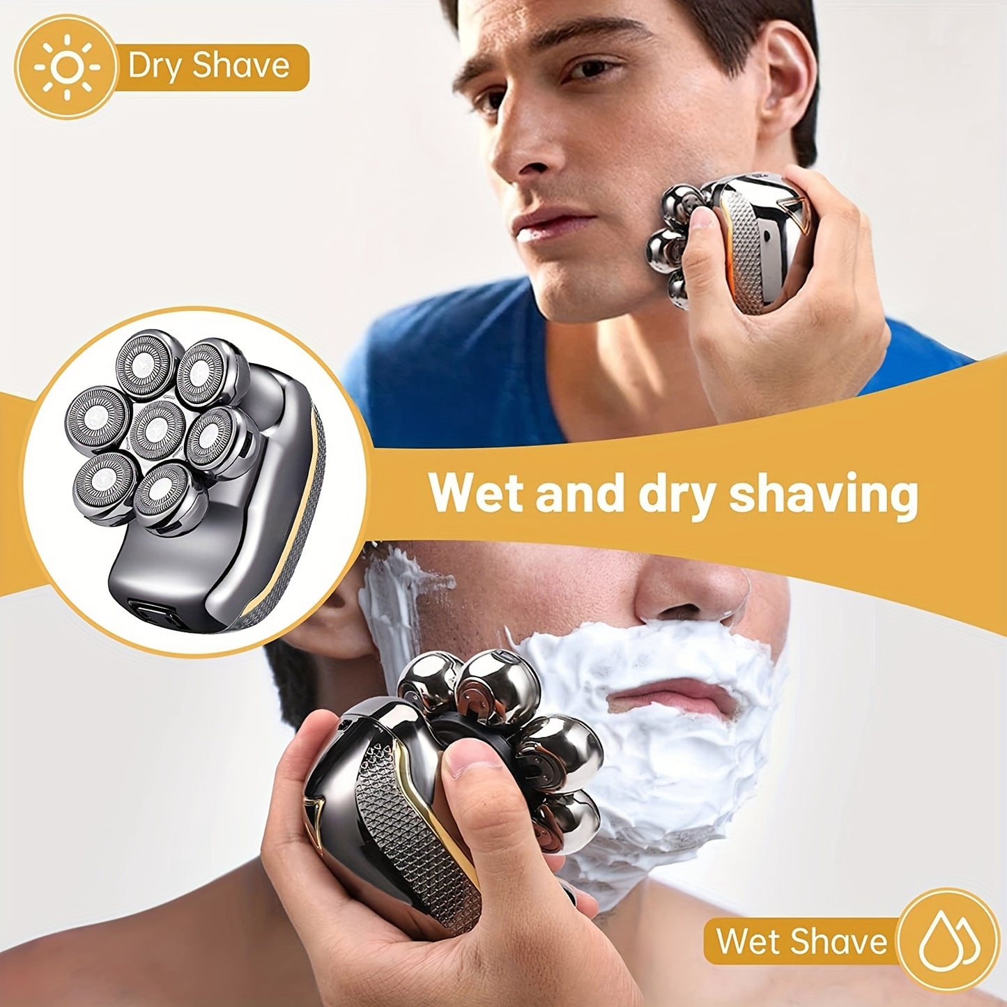 Men'S Electric Head Shaver Razor - Rechargeable Cordless Hair Shaving Razors for Bald Man 6 in 1 Wet Dry Beard Trimmer Body Hair Cutting Clipper Grooming Kit 7 Rotary Heads (Gray) - Power Supply: USB Charging (built-in Batter