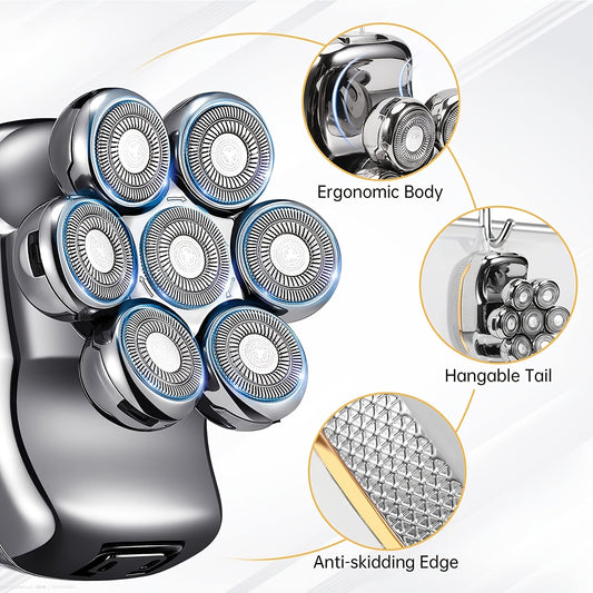 Men'S Electric Head Shaver Razor - Rechargeable Cordless Hair Shaving Razors for Bald Man 6 in 1 Wet Dry Beard Trimmer Body Hair Cutting Clipper Grooming Kit 7 Rotary Heads (Gray) - Power Supply: USB Charging (built-in Batter