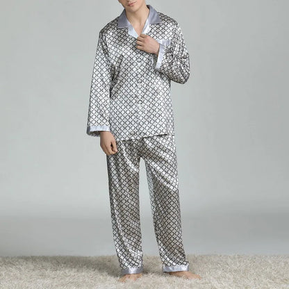 Mens Satin Silk Pajama Sets Sleepwear Casual Nightgown Loose Loungewear Pajamas Pijamas Autumn New Print Nightwear Homewear