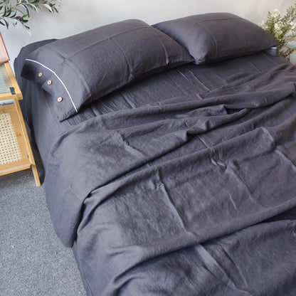 Bed Linen Bedding Set 100% Linen Duvet Cover Set Solid Color Dark Grey Bed Quilt Cover Comforter Cover Fitted Sheet Pillowcases
