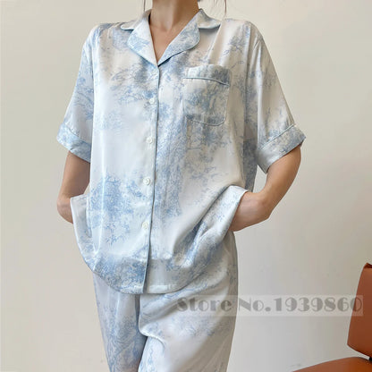Fashion Elegant Female Pajamas Lounge Wear Set Sexy Print Flower Sleepwear Trouser Suits Spring Summer Loose Satin Home Wear