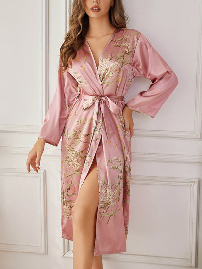 Premium Two Piece Floral Print Robe And Nightgown Set Luxury Elegant Loungewear Effortless Chic Homewear For Cozy Styling