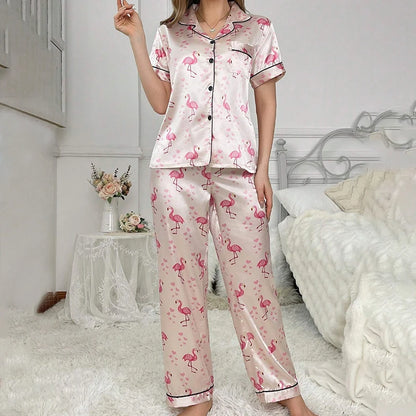 Satin Pajamas for Women Home Clothes Sleepwear Pj Set Autumn Short Sleeve Button Up Top with Lapel Collar & Pants Pyjama Femme