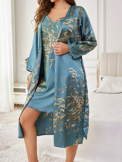 Premium Two Piece Floral Print Robe And Nightgown Set Luxury Elegant Loungewear Effortless Chic Homewear For Cozy Styling