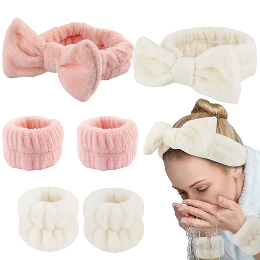 Bow Headband Wristband Set Towel Elastic Soft Washing Face Shower Make Up Yoga Sports Skincare Headband For Women Girls