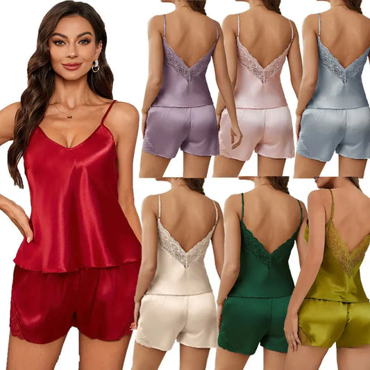 Faux Silk Satin Pajama Set for Women V-Neck Spaghetti‌ Straps Lace Stitching Tops and Shorts Two-Piece Sleepwear Nightwear