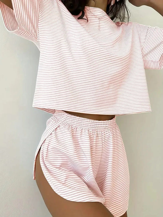 Solid Lounge Set In Various Color Available Midriff-baring Outfit Short-Sleeve Round Neck Top And Shorts Fit Women's Loungewear
