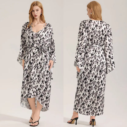 Luxury Leopard Female Long Robe Loungewear Fashion New Kimono Bathrobe Gown Homewear Silky Chiffon Satin Sleepwear Nightgown