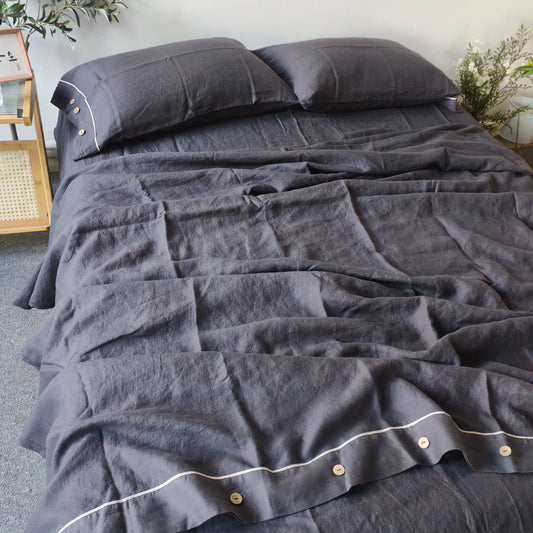 Bed Linen Bedding Set 100% Linen Duvet Cover Set Solid Color Dark Grey Bed Quilt Cover Comforter Cover Fitted Sheet Pillowcases