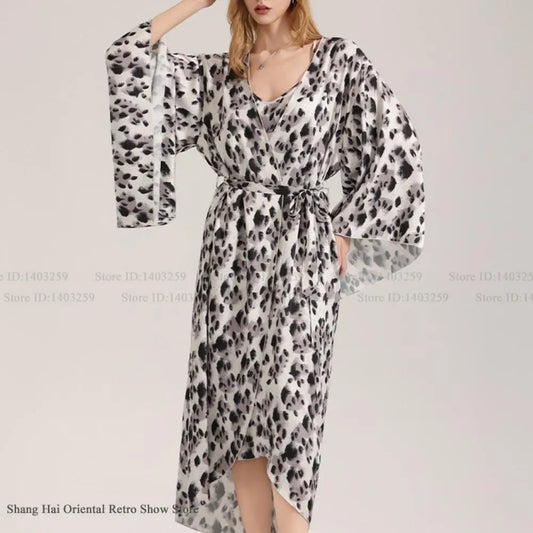 Luxury Leopard Female Long Robe Loungewear Fashion New Kimono Bathrobe Gown Homewear Silky Chiffon Satin Sleepwear Nightgown