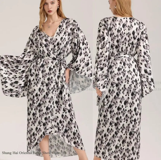 Luxury Leopard Female Long Robe Loungewear Fashion New Kimono Bathrobe Gown Homewear Silky Chiffon Satin Sleepwear Nightgown