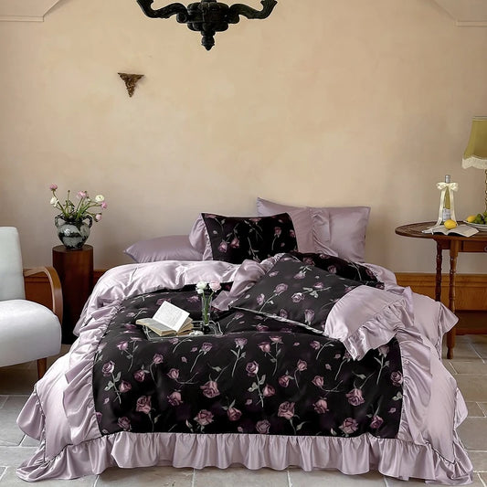 1000TC Egyptian Cotton Vintage Rose Prints Pleated Ruffles Purple Bedding Set Duvet Cover Flat/Fitted Bed Sheet Pillowcases 4Pcs