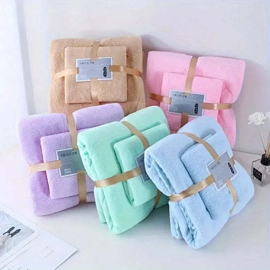 Two-Piece Bath Towel Set Super Absorbent Coral Fleece Soft 2-Pack Gift Set for Spa Bath Colorful Solid-color Bath Towels & Towel