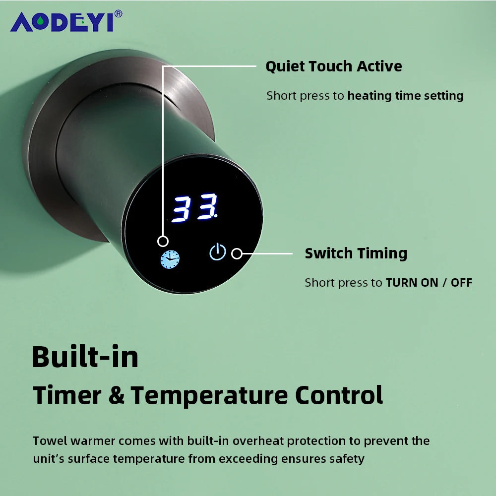 Bathroom Electric Heated Towel Rail Warmer Digital Display Temperature Time Control Smart Home Concealed Bar 304 Stainless Steel