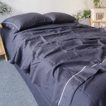 Bed Linen Bedding Set 100% Linen Duvet Cover Set Solid Color Dark Grey Bed Quilt Cover Comforter Cover Fitted Sheet Pillowcases
