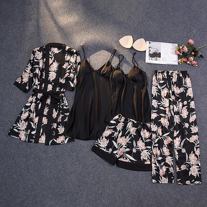 Luxury 5-Piece Lounge Set - Deep V Camisole + Shorts/Pants/Maxi Dress + Robe | Stretchy Floral Lingerie-Inspired Sleepwear