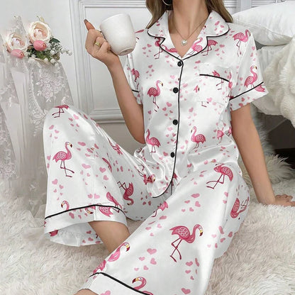 Satin Pajamas for Women Home Clothes Sleepwear Pj Set Autumn Short Sleeve Button Up Top with Lapel Collar & Pants Pyjama Femme