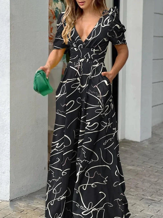 New Women's XL-5XL Plus Size Summer Fashion Print V-Neck Wide Leg Jumpsuit Pants Casual Temperament Elegant Long Pants Jumpsuit
