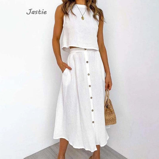 Summer Outfits For Women 2023 New Casual Cotton Linen Suit Loose Sleeveless Vest Single-breasted Skirt 2 Piece Set Women Outfit