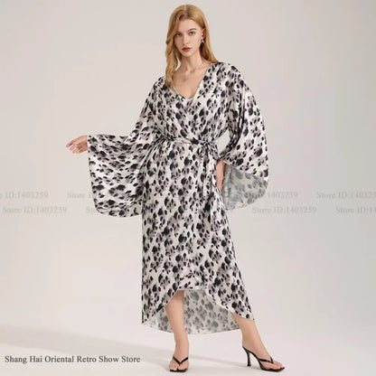 Luxury Leopard Female Long Robe Loungewear Fashion New Kimono Bathrobe Gown Homewear Silky Chiffon Satin Sleepwear Nightgown