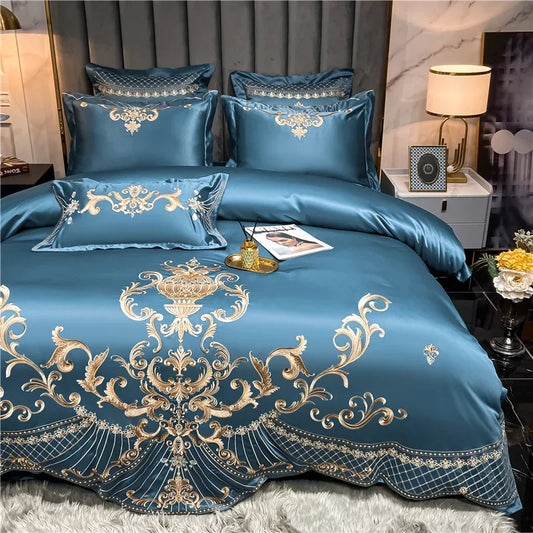 Egyptian Cotton Bedding Set Golden Embroidery Home Textiles Super Soft Bed Duvet Sheet Set King Queen Size Chic Stitch Linen