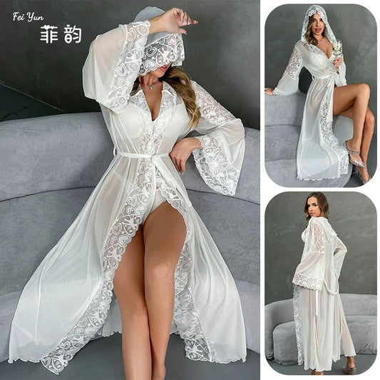 Luxury Mesh Hooded Long Robe Kimono Bathrobe Gown Spring Summer New Female Sleepwear Night Dress Loose Satin Homewear Nightgown
