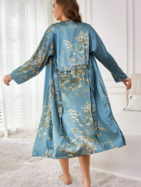 Premium Two Piece Floral Print Robe And Nightgown Set Luxury Elegant Loungewear Effortless Chic Homewear For Cozy Styling