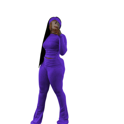 2 Two Piece Lounge Wear for Women 2024 Loungewear With Headband Yoga Outfit Long Sleeve Tops and Flare Pants Sets Tracksuit