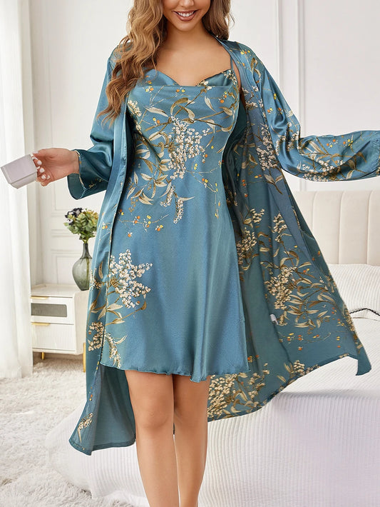 Premium Two Piece Floral Print Robe And Nightgown Set Luxury Elegant Loungewear Effortless Chic Homewear For Cozy Styling