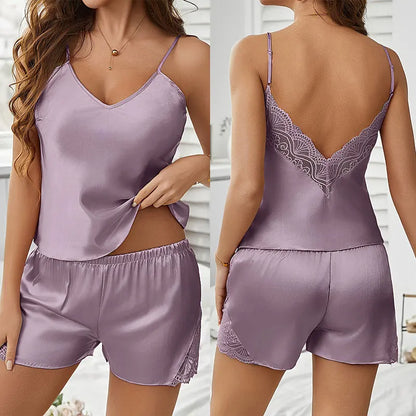 Faux Silk Satin Pajama Set for Women V-Neck Spaghetti‌ Straps Lace Stitching Tops and Shorts Two-Piece Sleepwear Nightwear