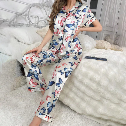 Satin Pajamas for Women Home Clothes Sleepwear Pj Set Autumn Short Sleeve Button Up Top with Lapel Collar & Pants Pyjama Femme