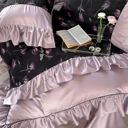 1000TC Egyptian Cotton Vintage Rose Prints Pleated Ruffles Purple Bedding Set Duvet Cover Flat/Fitted Bed Sheet Pillowcases 4Pcs