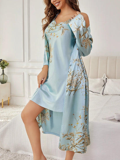 Premium Two Piece Floral Print Robe And Nightgown Set Luxury Elegant Loungewear Effortless Chic Homewear For Cozy Styling
