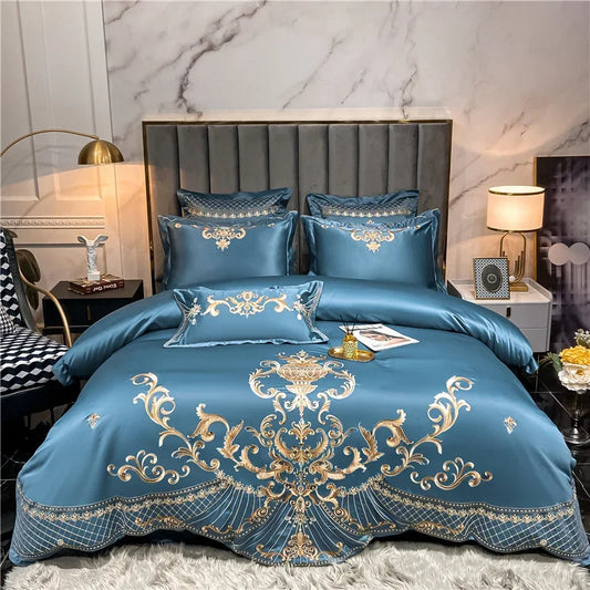 Egyptian Cotton Bedding Set Golden Embroidery Home Textiles Super Soft Bed Duvet Sheet Set King Queen Size Chic Stitch Linen