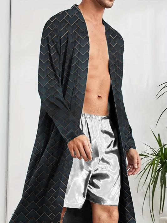 2025 Men's Sleeping Robe Ice Silk Thin Style High End Simple Sleepwear Summer Medium Long Sleeve Bathrobe