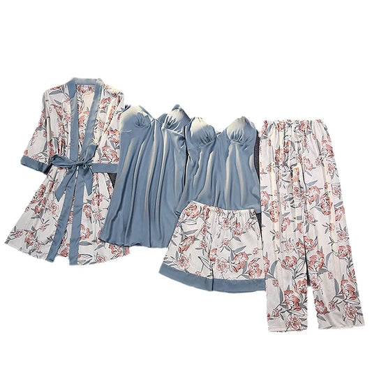 Luxury 5-Piece Lounge Set - Deep V Camisole + Shorts/Pants/Maxi Dress + Robe | Stretchy Floral Lingerie-Inspired Sleepwear