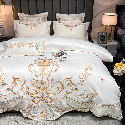 Egyptian Cotton Bedding Set Golden Embroidery Home Textiles Super Soft Bed Duvet Sheet Set King Queen Size Chic Stitch Linen