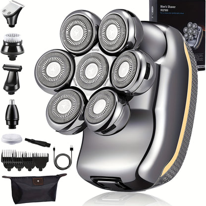 Men'S Electric Head Shaver Razor - Rechargeable Cordless Hair Shaving Razors for Bald Man 6 in 1 Wet Dry Beard Trimmer Body Hair Cutting Clipper Grooming Kit 7 Rotary Heads (Gray) - Power Supply: USB Charging (built-in Batter